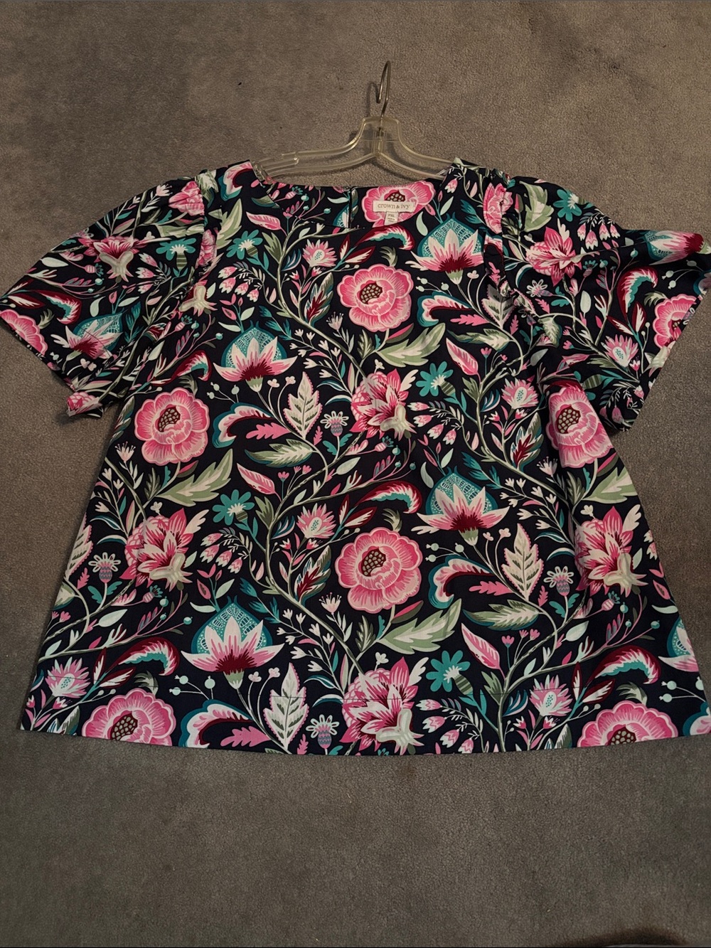 crown & ivy Floral Short Sleeve Tunic in Pink, Teal & Black